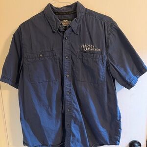Harley-Davidson Button Up Shirt Mens L Blue Embroidered Back Patch